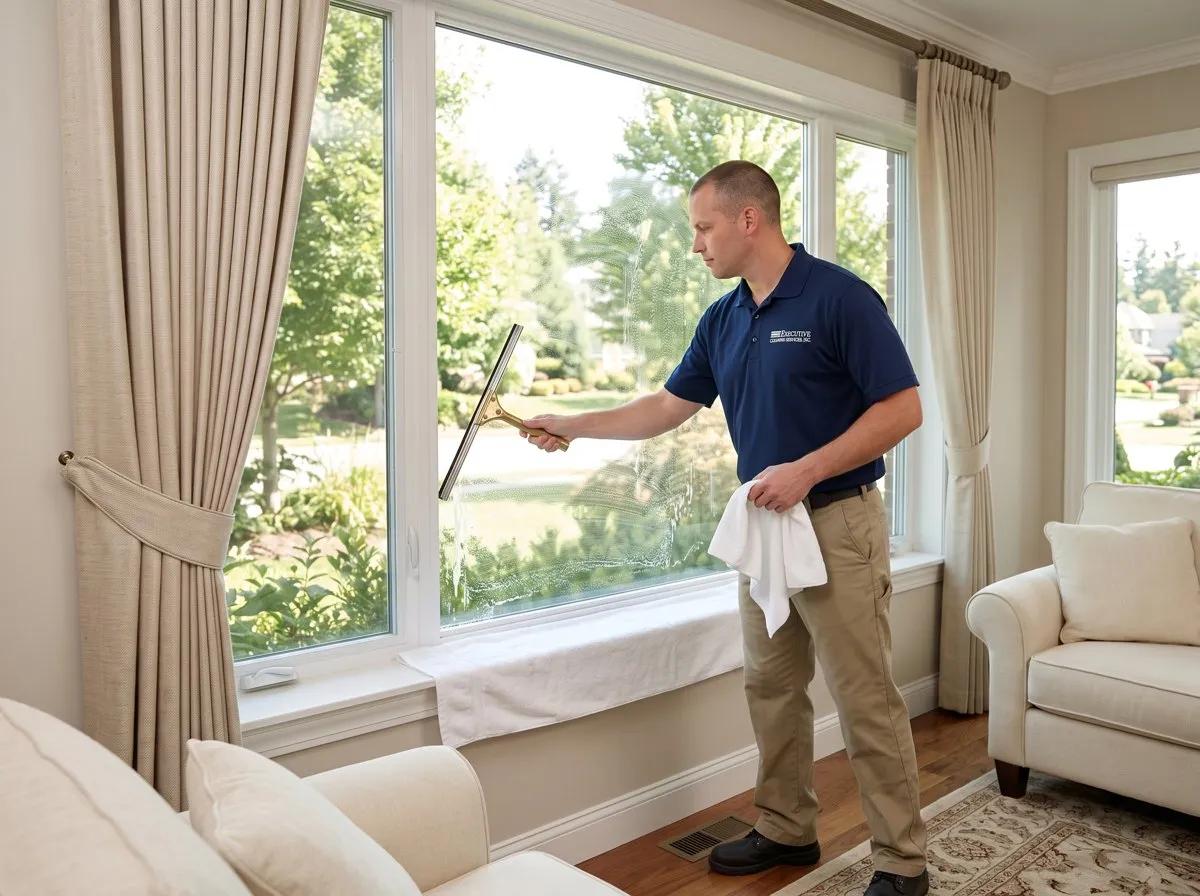Technician cleaning interior window glass with draperies protected
