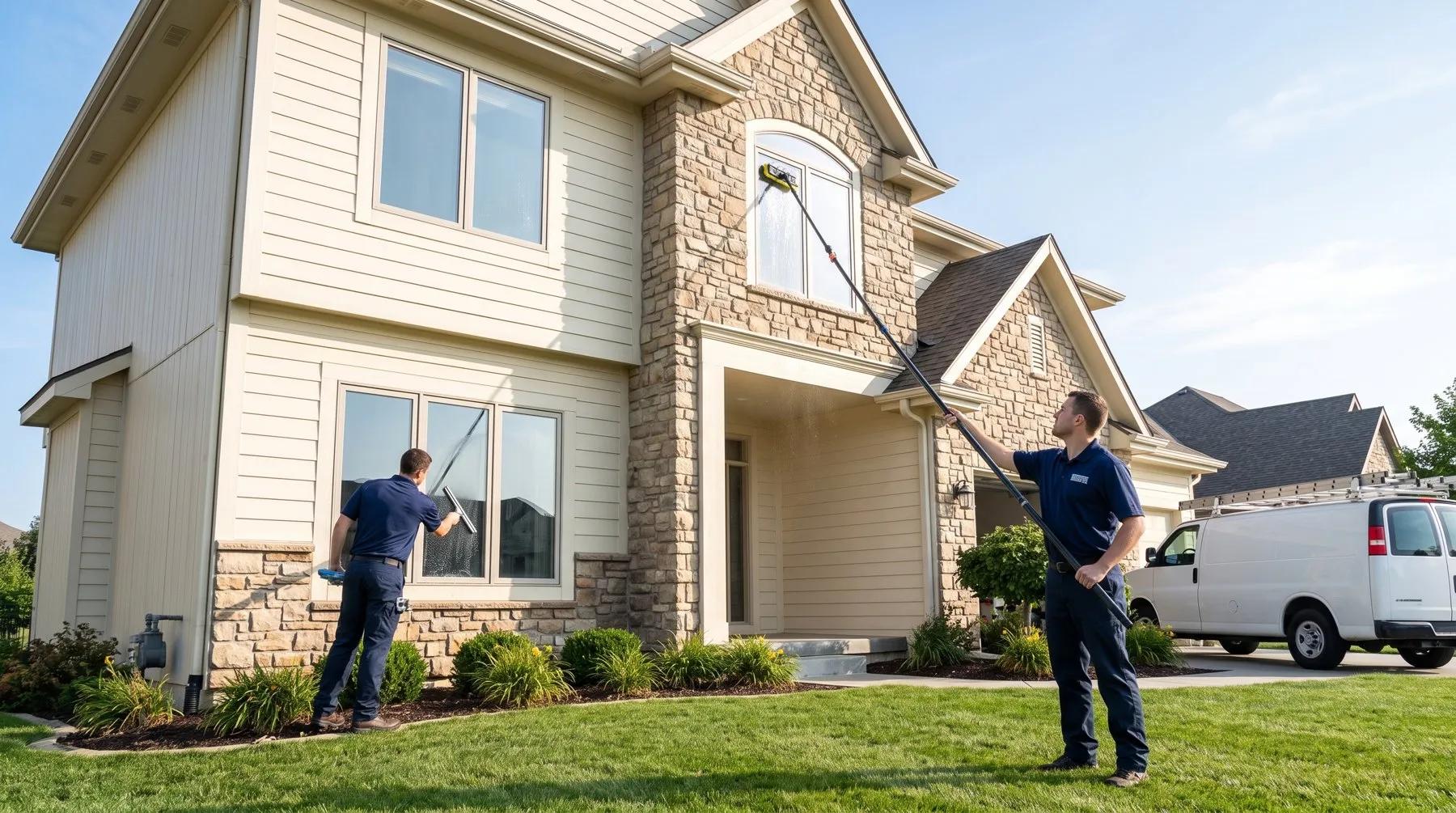 Executive Cleaning technician cleaning upper-story windows of an Omaha home with a water-fed pole
