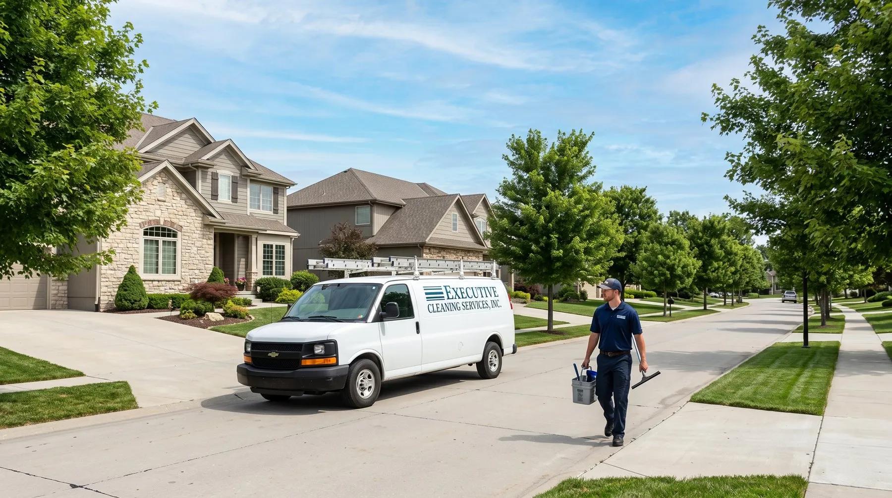 Executive Cleaning Services technician walking a Millard residential street beside the company van
