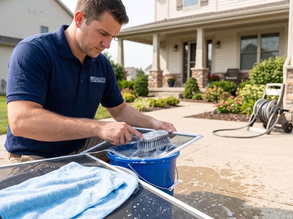 Window screens being washed and towel-dried