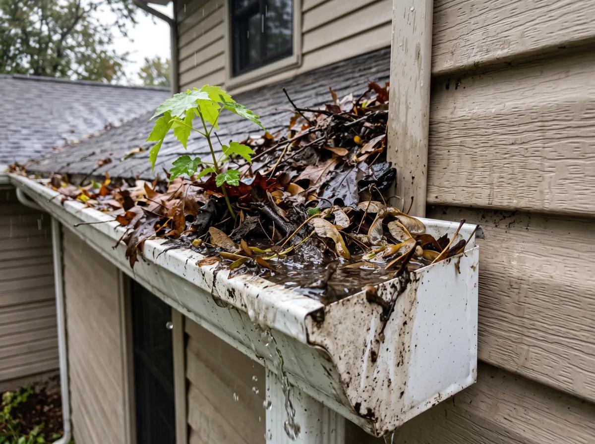 Clogged gutter packed with wet leaves and seedlings, one of the signs gutters need cleaning