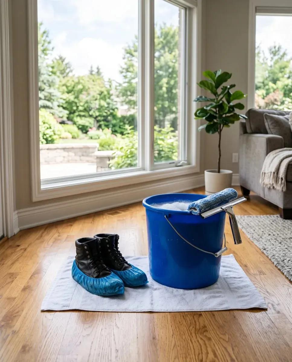Technician with a bucket and towel detailing a window sill