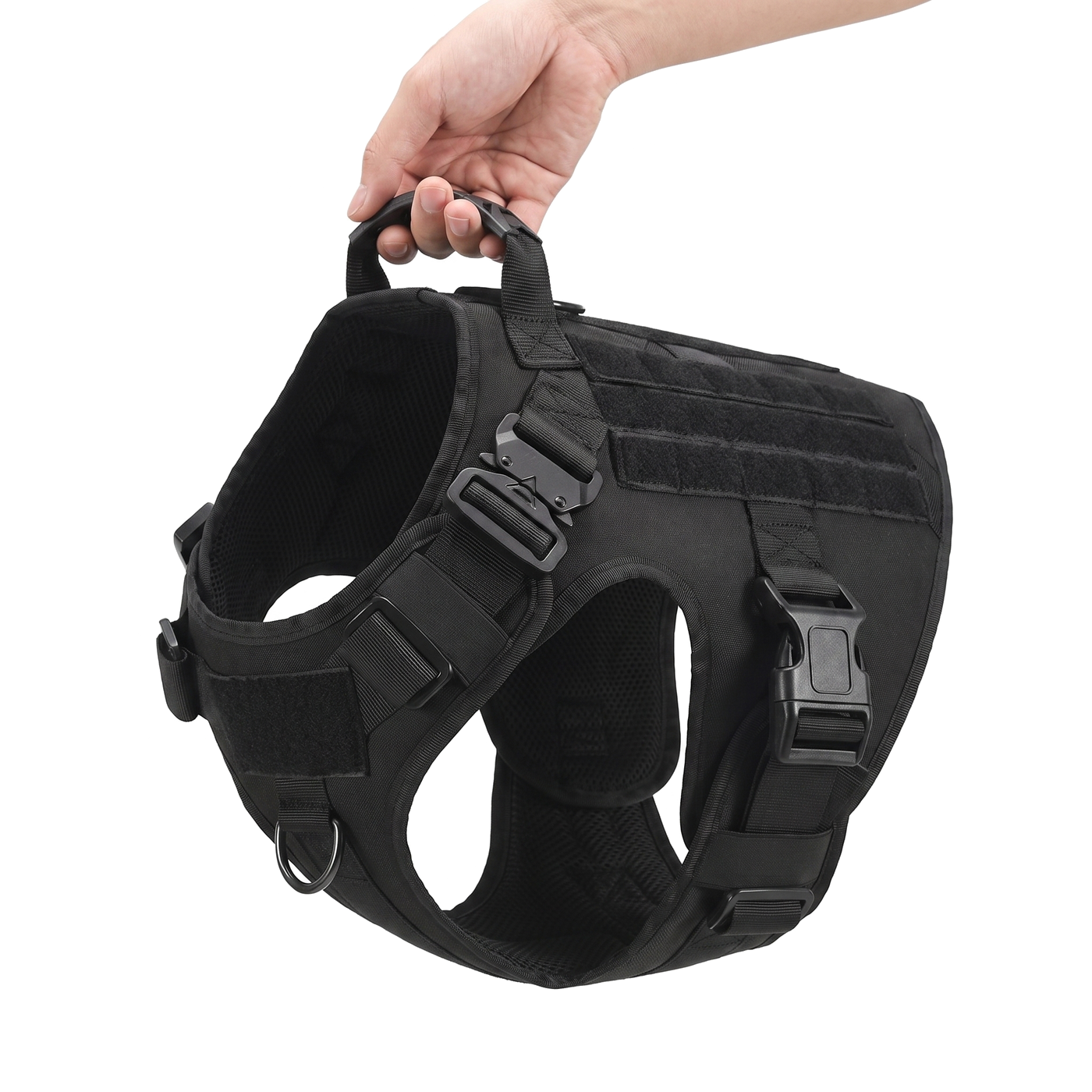 A hand holding up the Tactical Harness, showing the heavy-duty nylon webbing