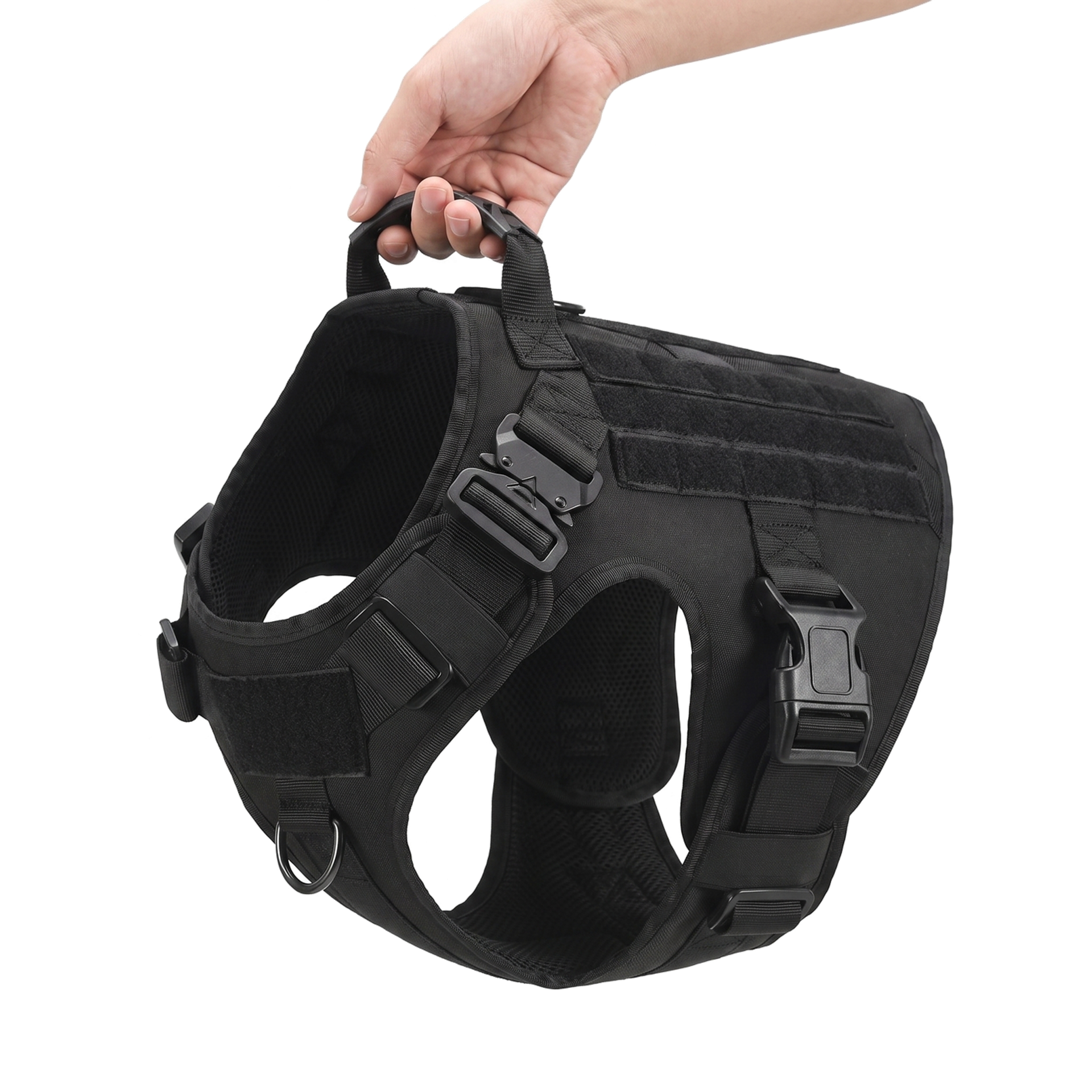 A hand holding up the Tactical Harness, showing the heavy-duty nylon webbing