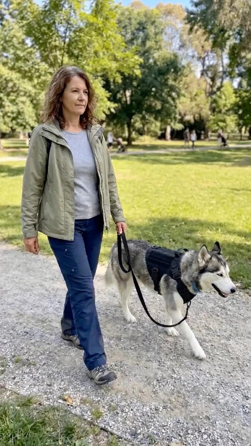The same dog in the Tactical Harness, walking on a loose leash