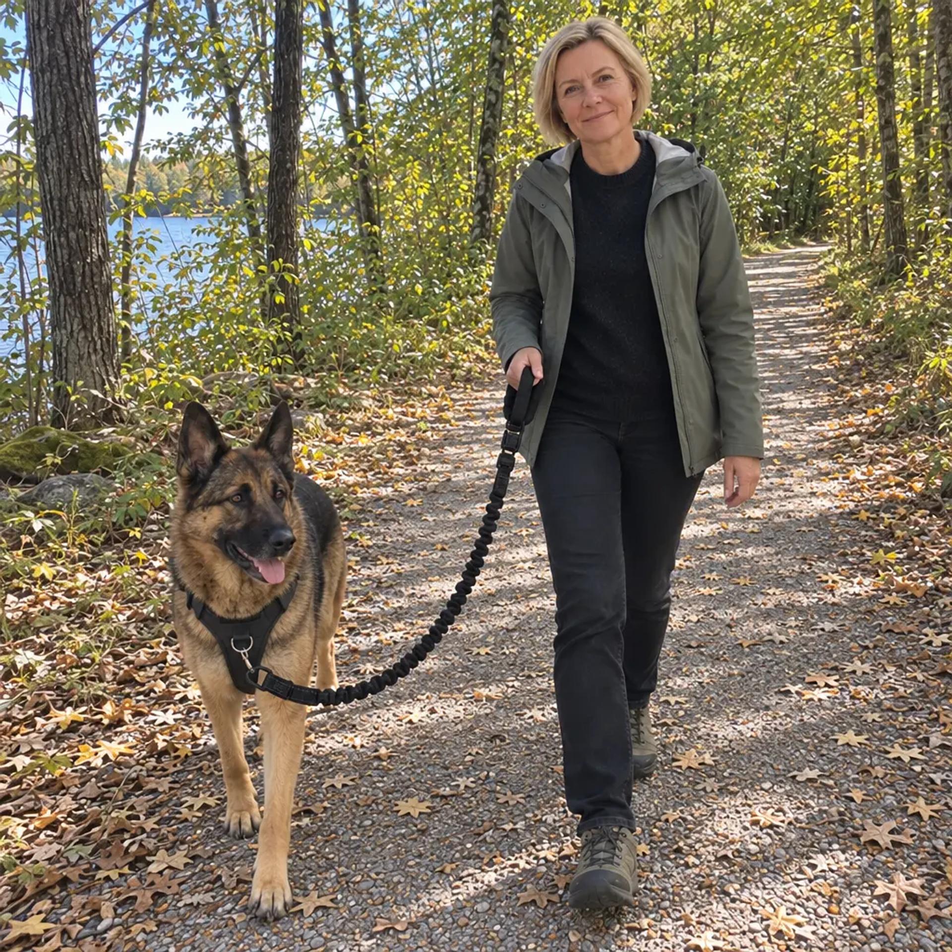 Owner holding the leash relaxed while the dog walks ahead.