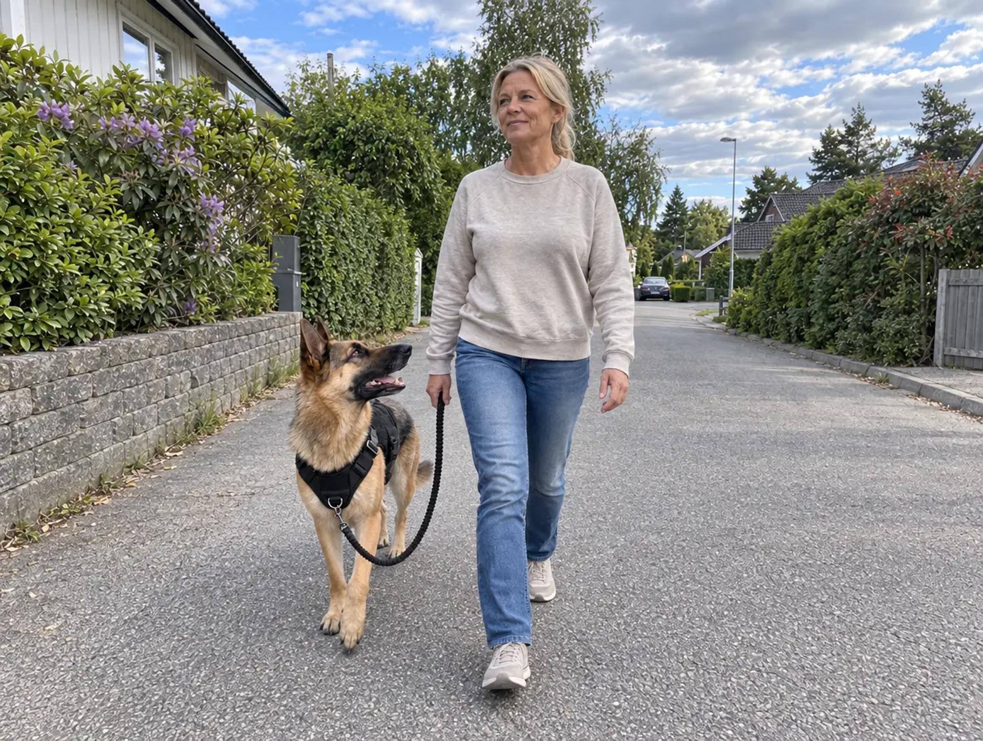 Woman walking a German Shepherd in a harness on a residential street