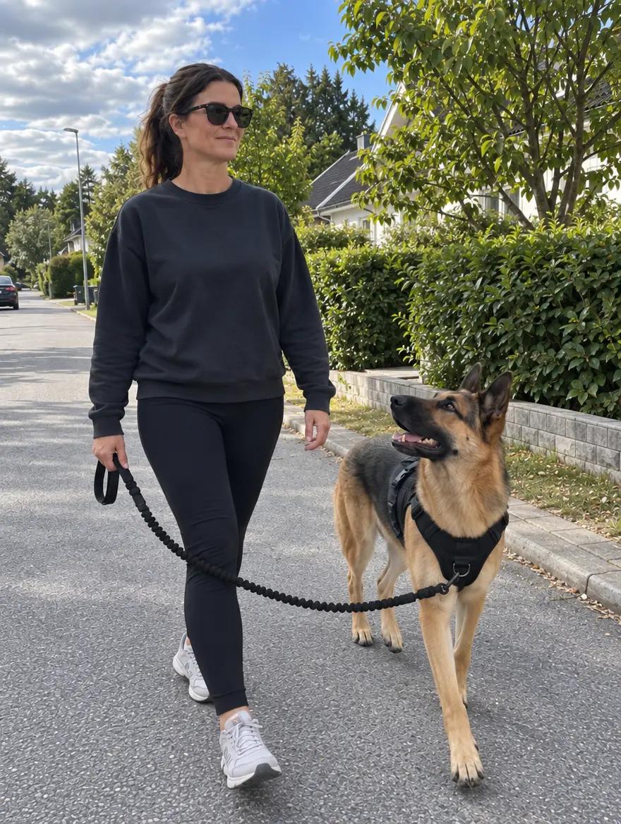Helena walking her German Shepherd Zico in the Tactical Harness on a bungee leash