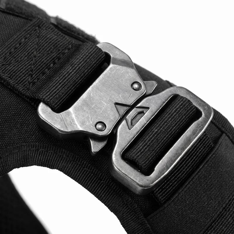 Close-up of the solid metal buckle on the harness