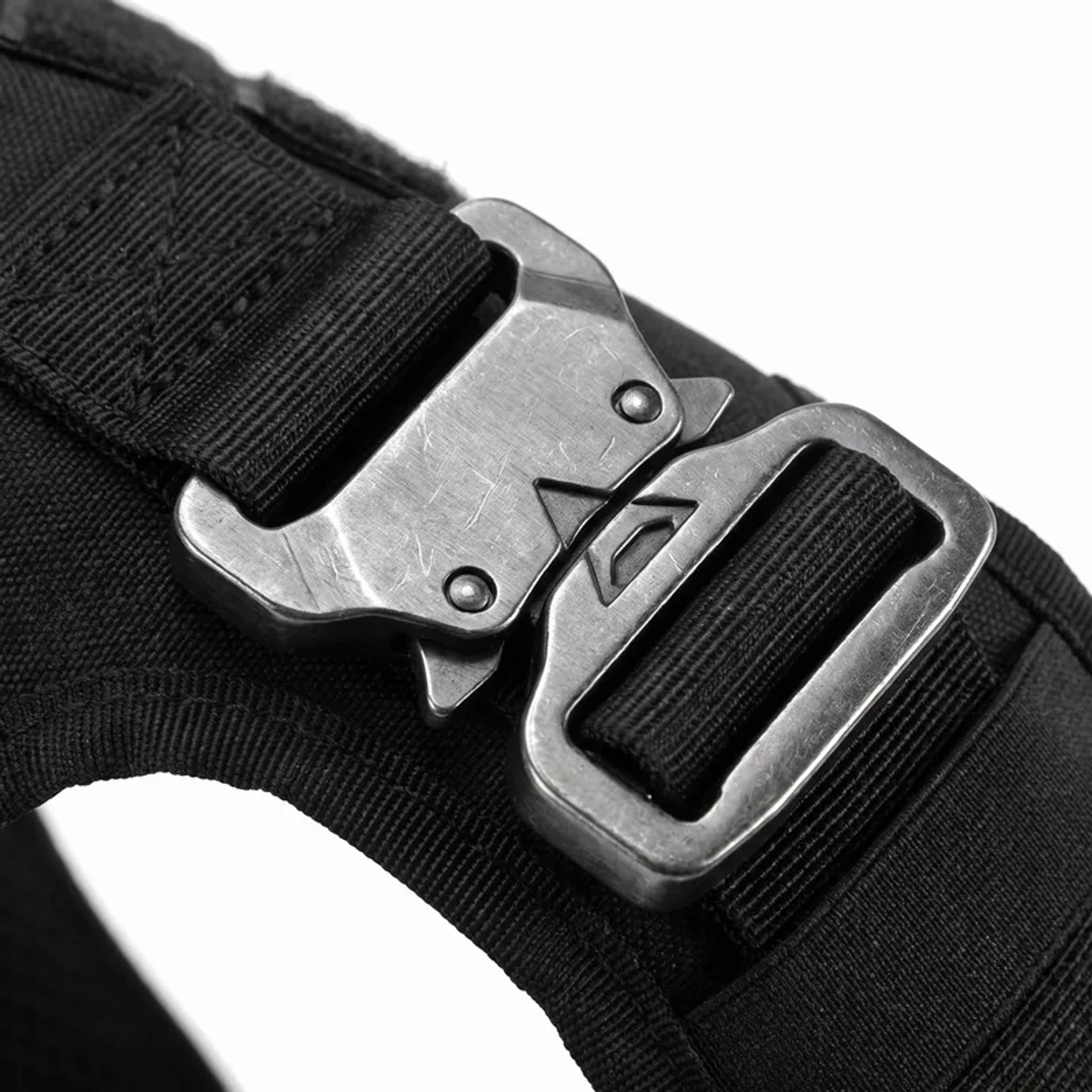 Close-up of the solid metal buckle on the harness