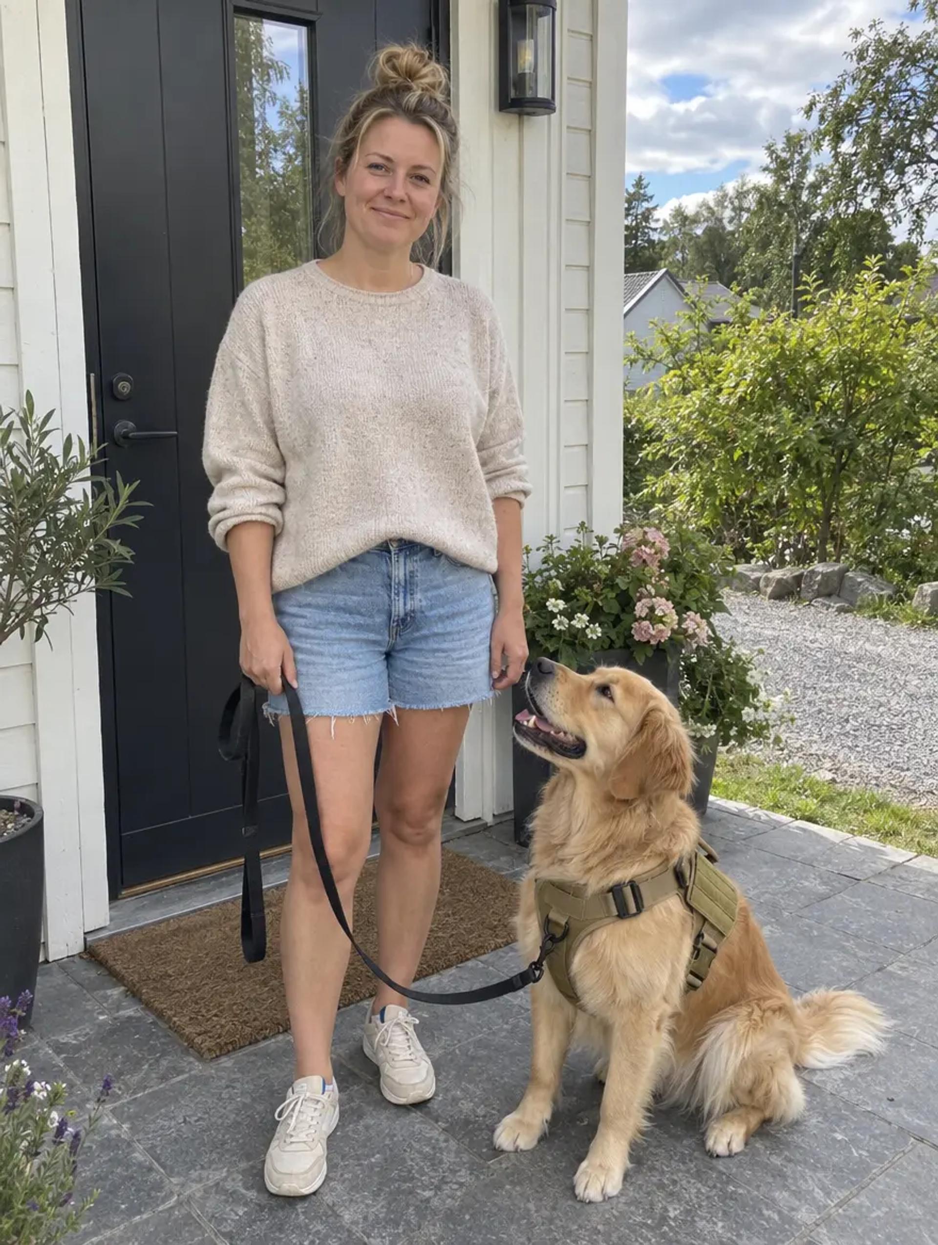 Woman with a golden retriever in a green Tactical Harness outside the front door