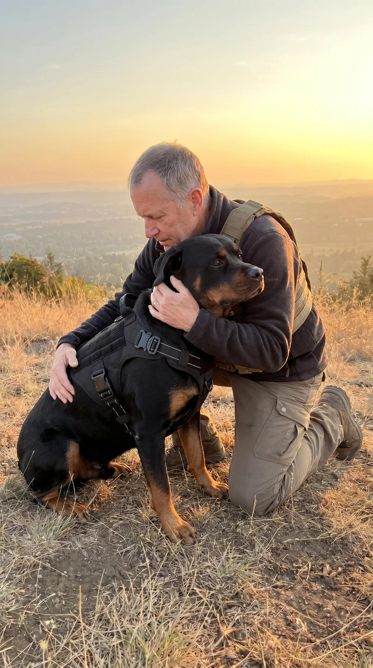 A dog wearing the Tactical Harness sitting close with its owner outdoors