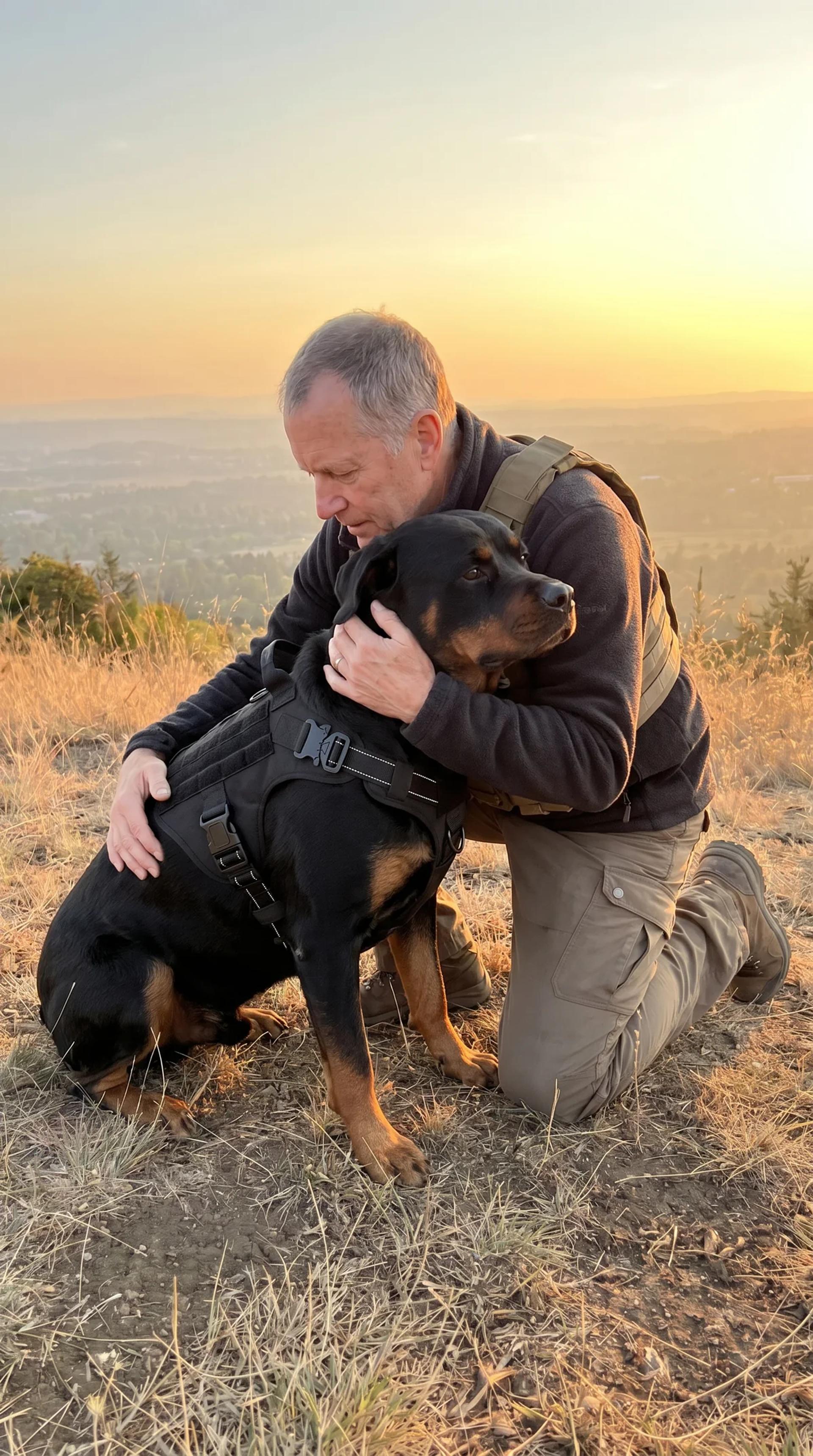 A dog wearing the Tactical Harness sitting close with its owner outdoors