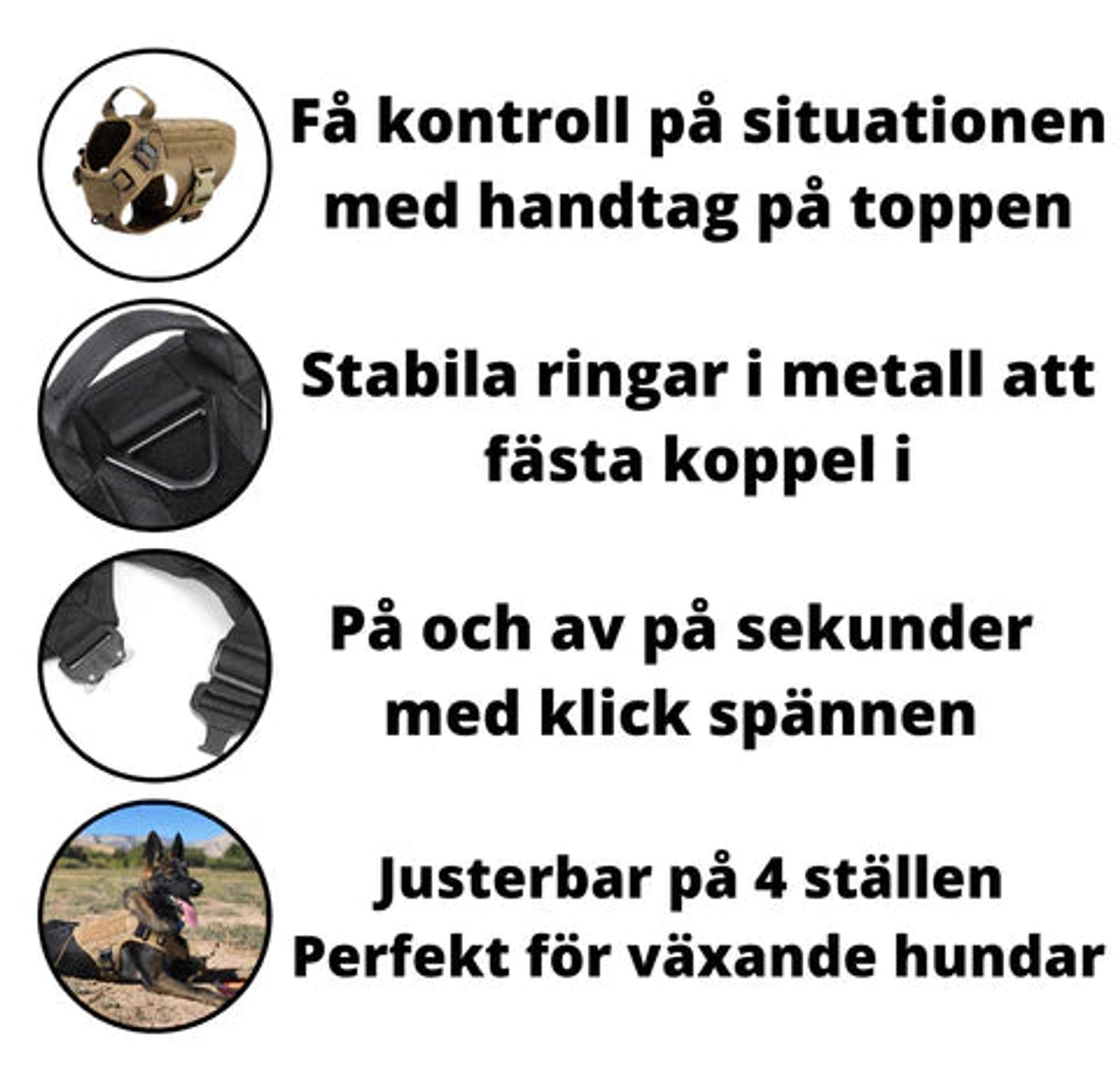 Handtag på toppen, metallringar, klickspännen och fyra justeringspunkter