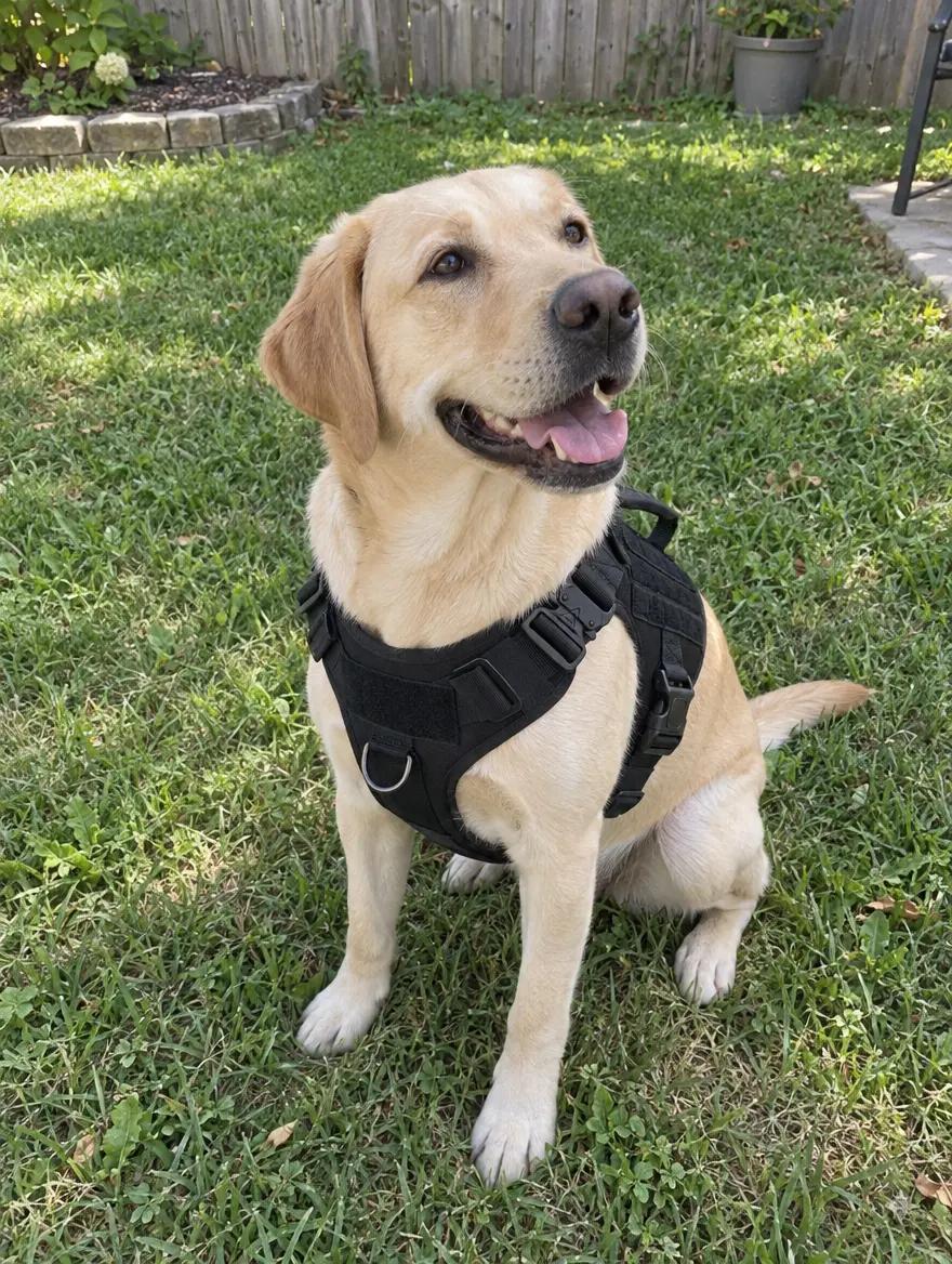 Yellow Labrador sitting in the grass in a black Tactical Harness