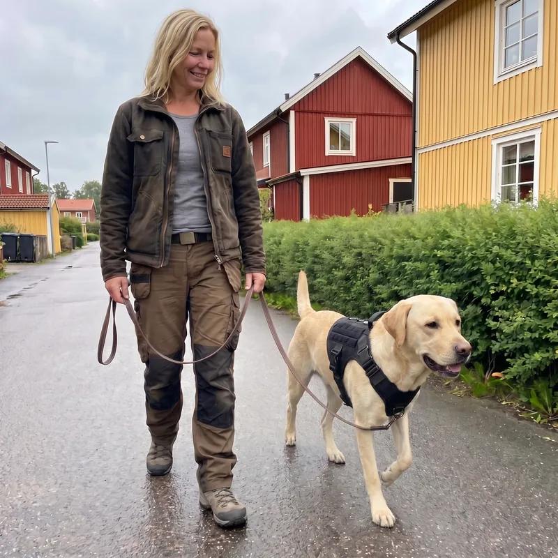 Verified customer photo: a Labrador wearing the Tactical Harness on a walk