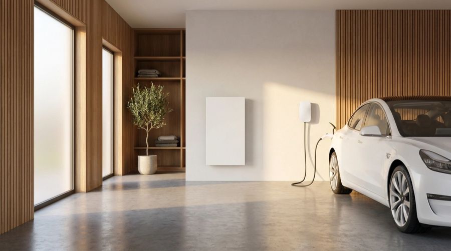 Home battery on a garage wall next to an electric car charging