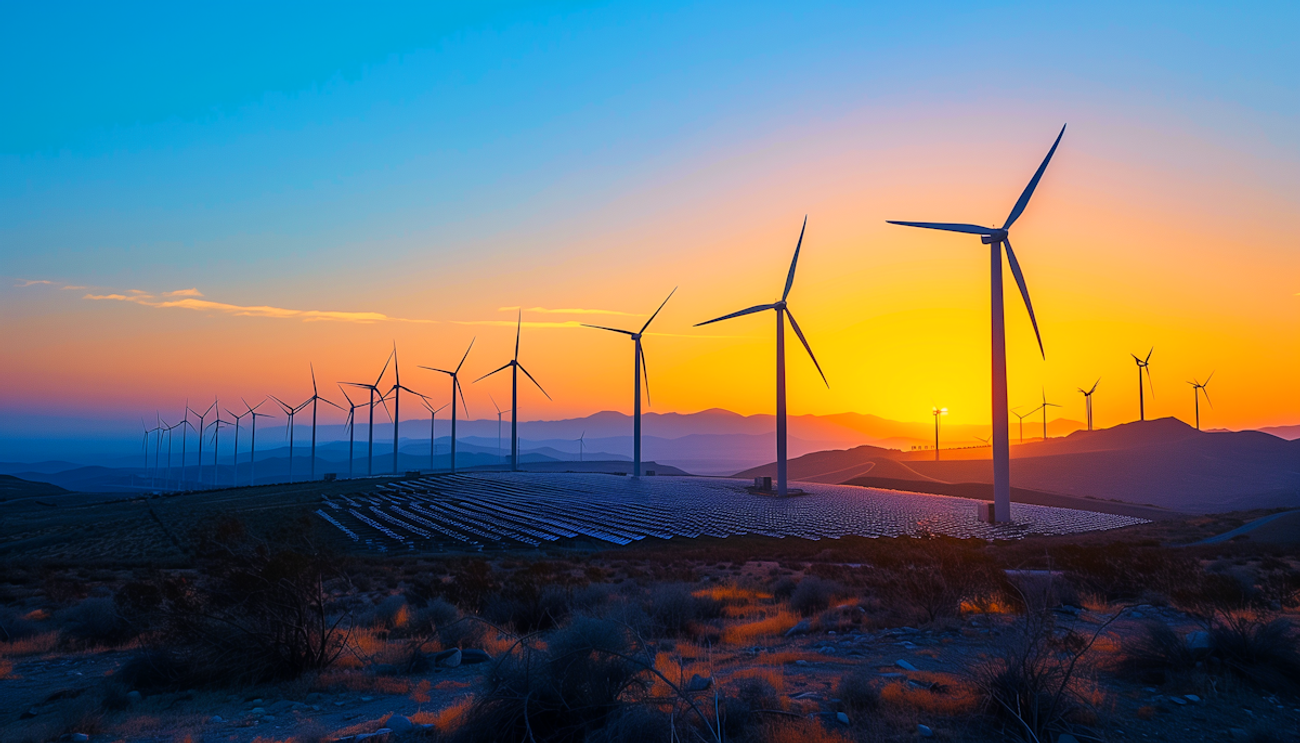Wind turbines and solar fields at sunset