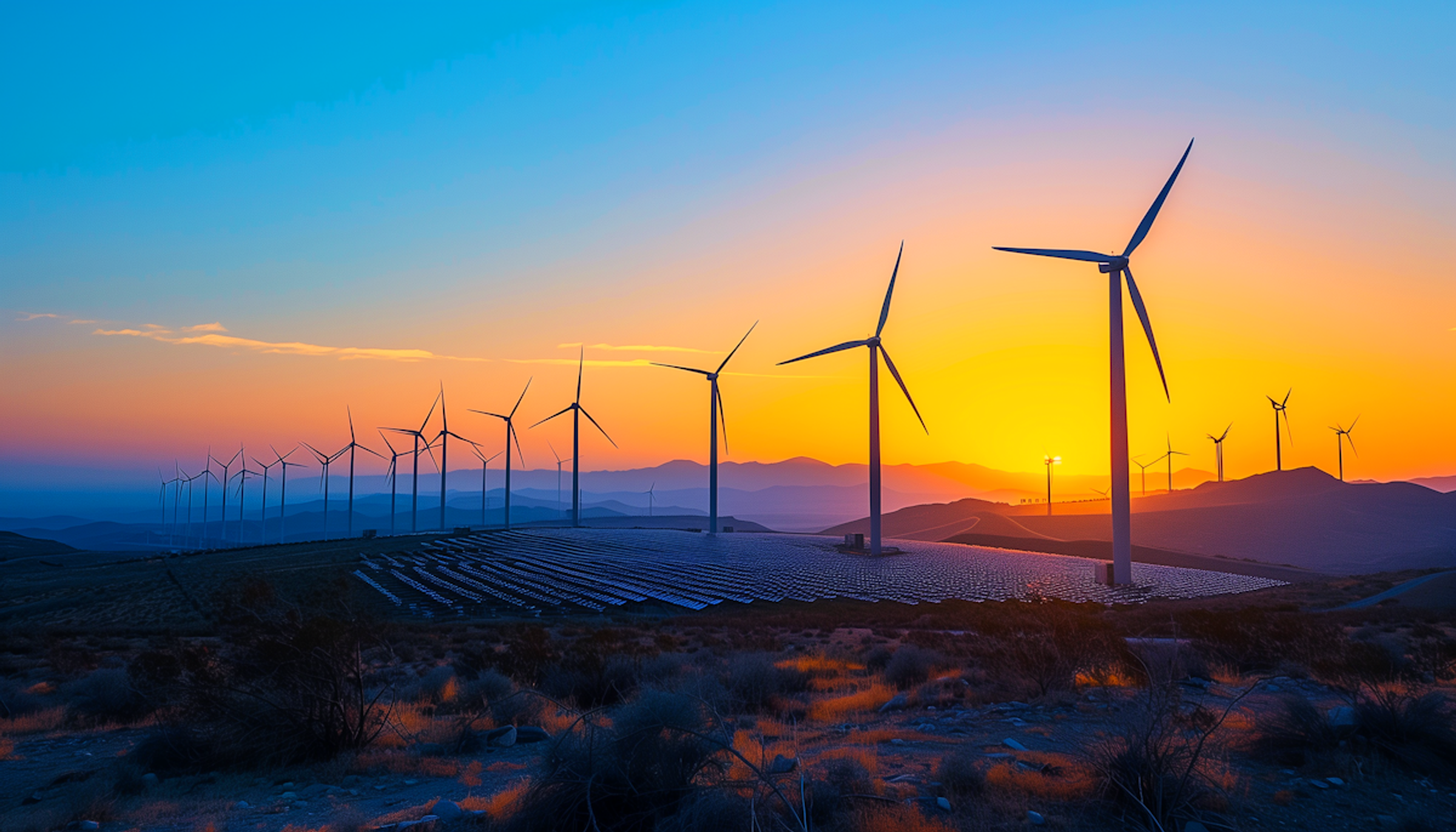Wind turbines and solar fields at sunset