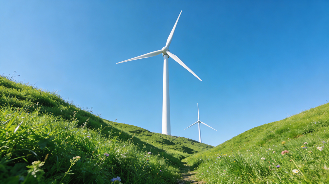 Wind turbine on a green hillside under a blue sky