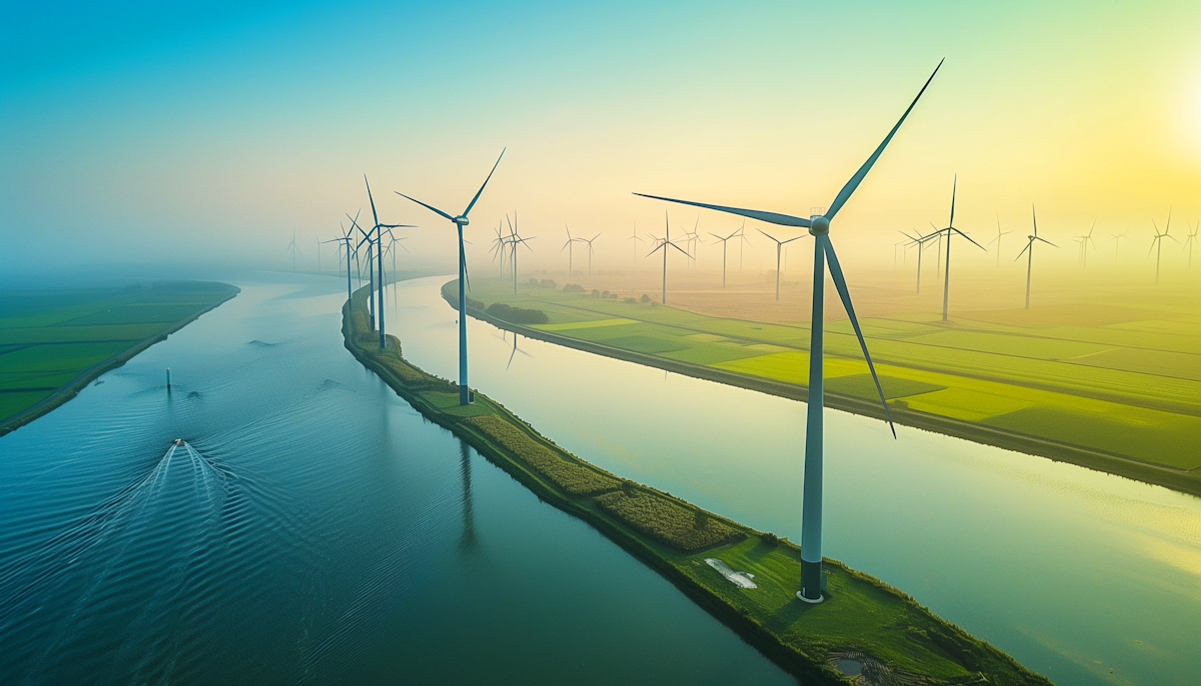 Aerial view of wind turbines along a river through green farmland