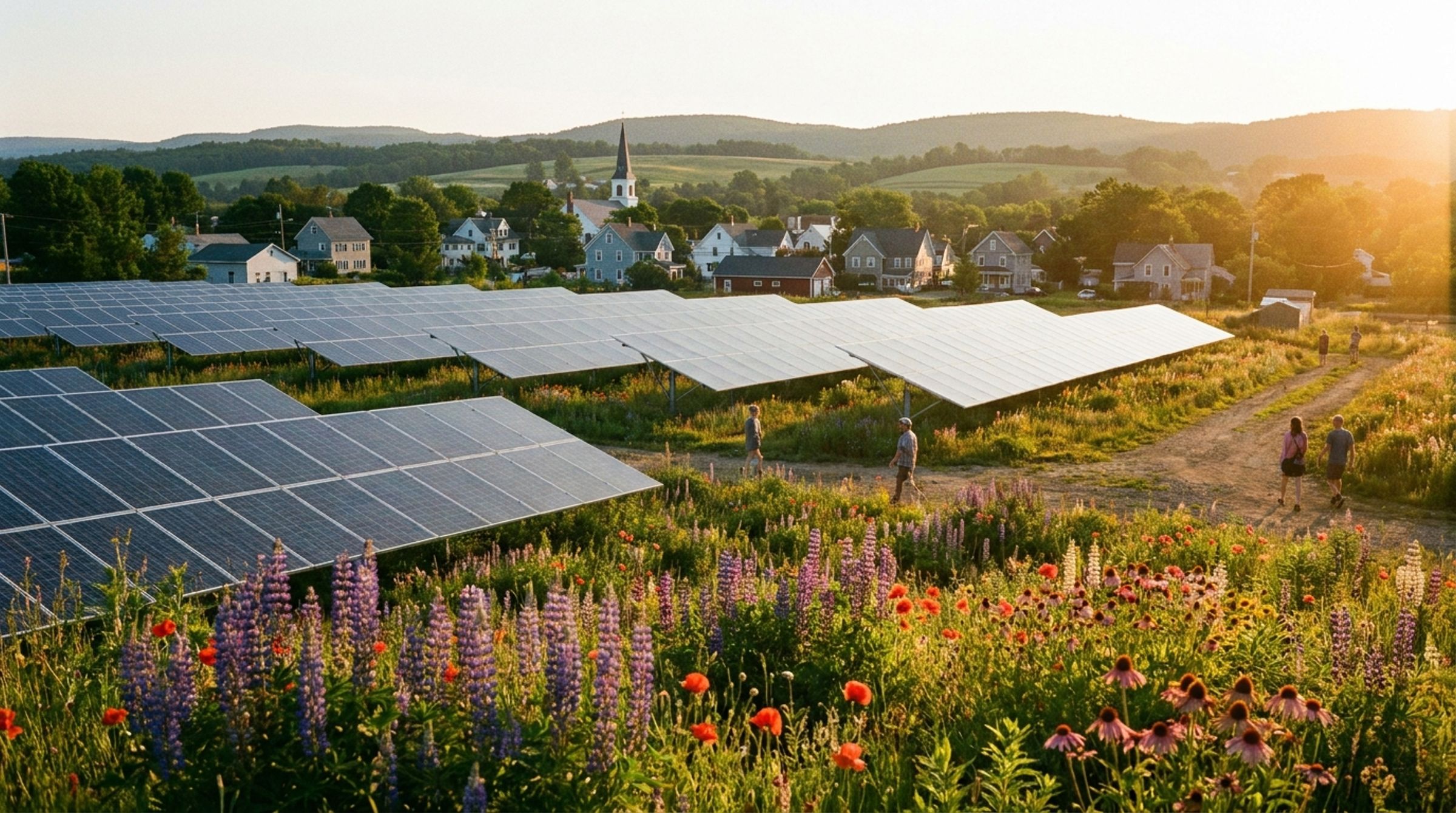 Community solar garden among wildflowers near a small town