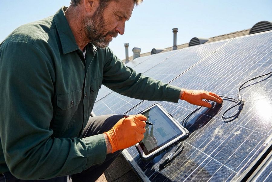 Technician checking a rooftop solar panel with a tablet
