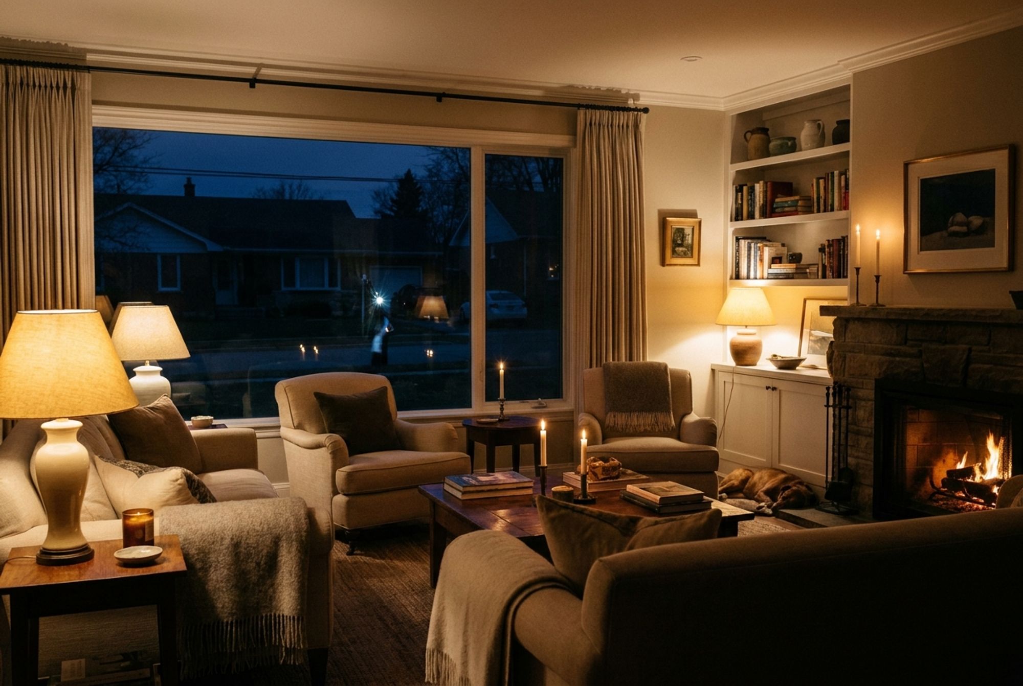Living room with lights on during a neighbourhood power outage