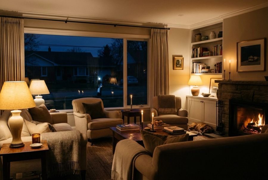 Living room with lights on during a neighbourhood power outage