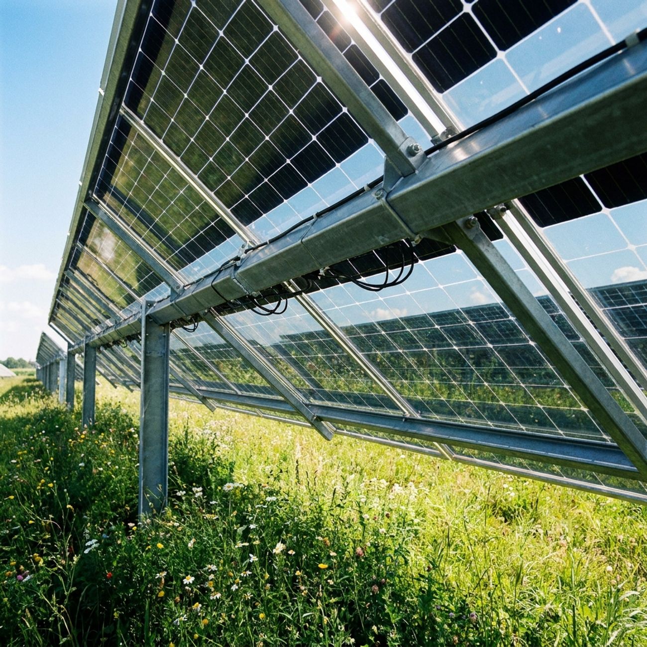 Rows of bifacial solar panels on a ground mount in a meadow
