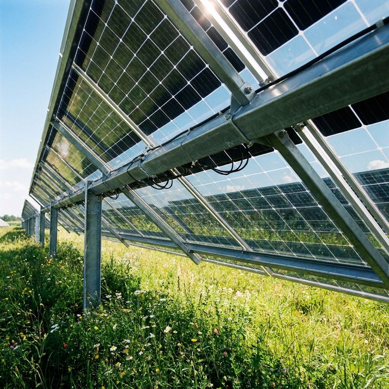 Rows of bifacial solar panels on a ground mount in a meadow