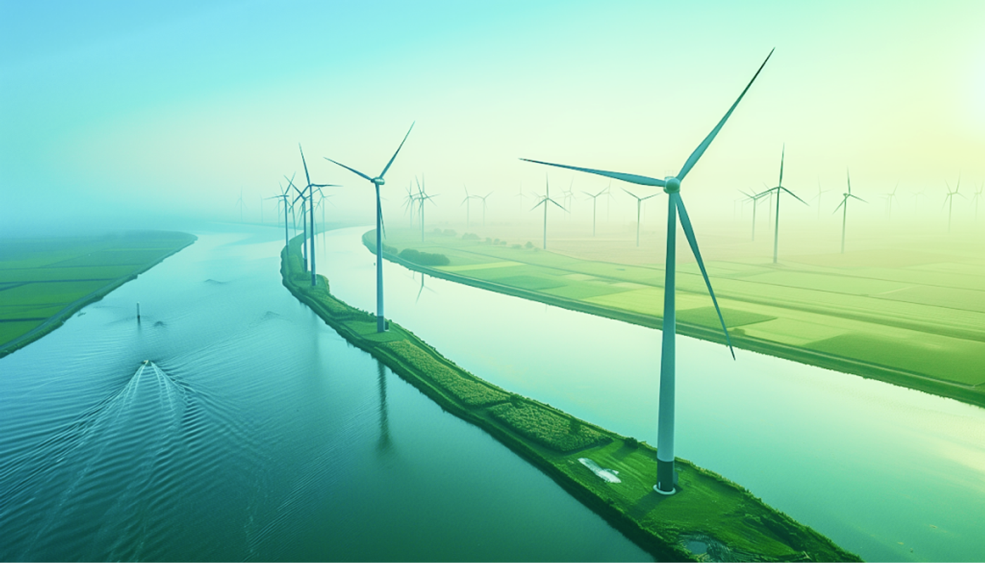 Wind turbines beside a canal through misty green fields