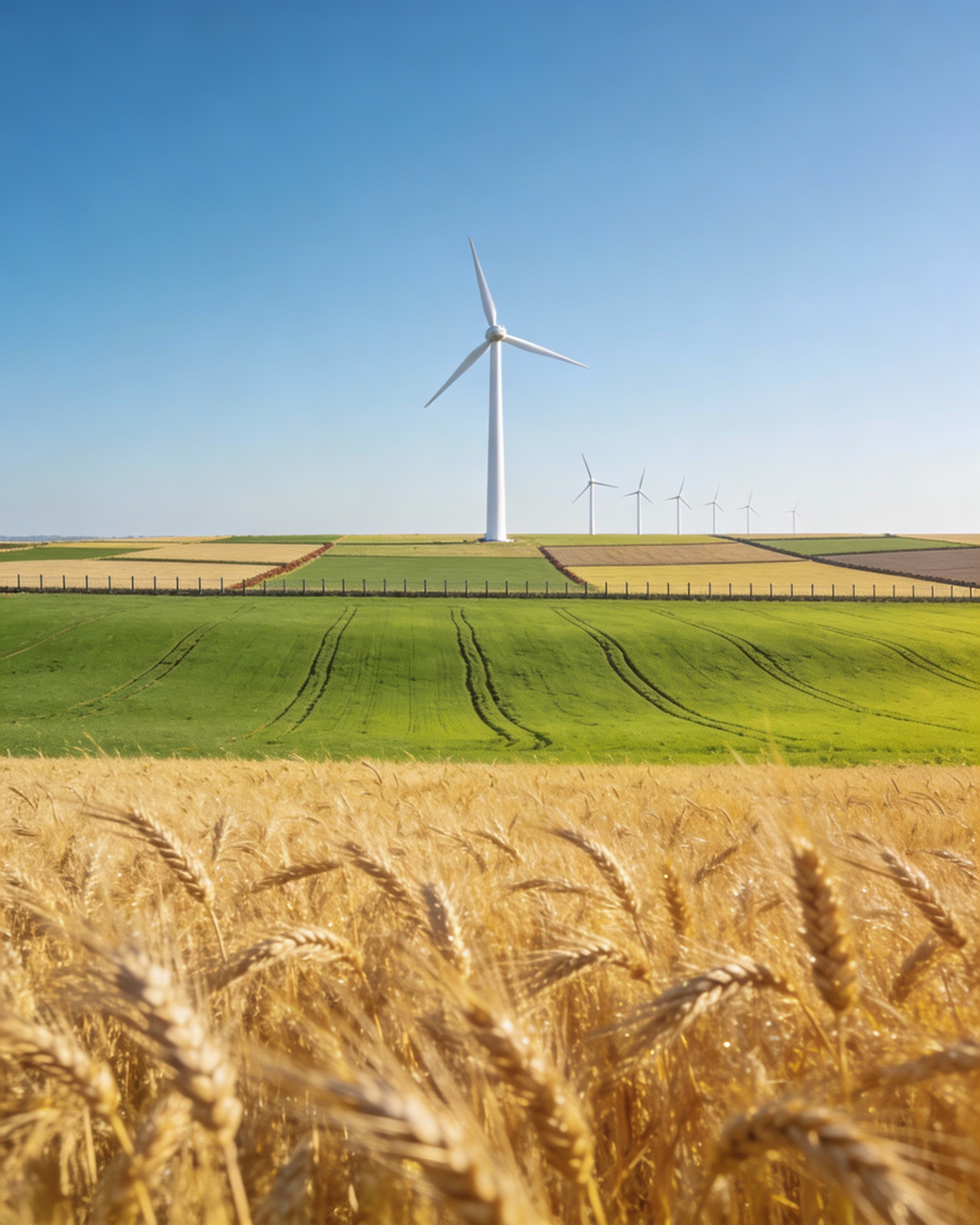 Wind turbine over a green field under a clear sky