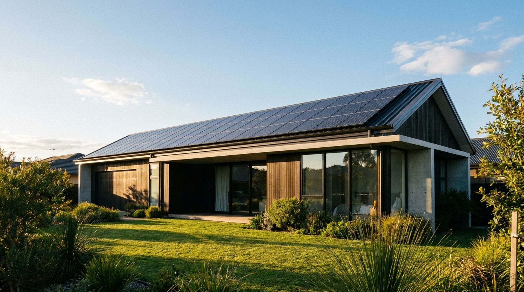 Modern house with black solar panels on the roof at golden hour