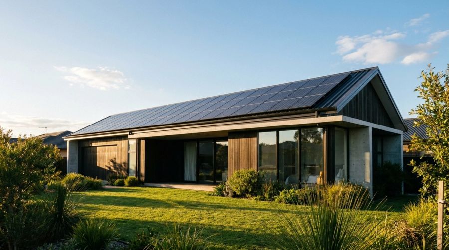 Modern house with black solar panels on the roof at golden hour