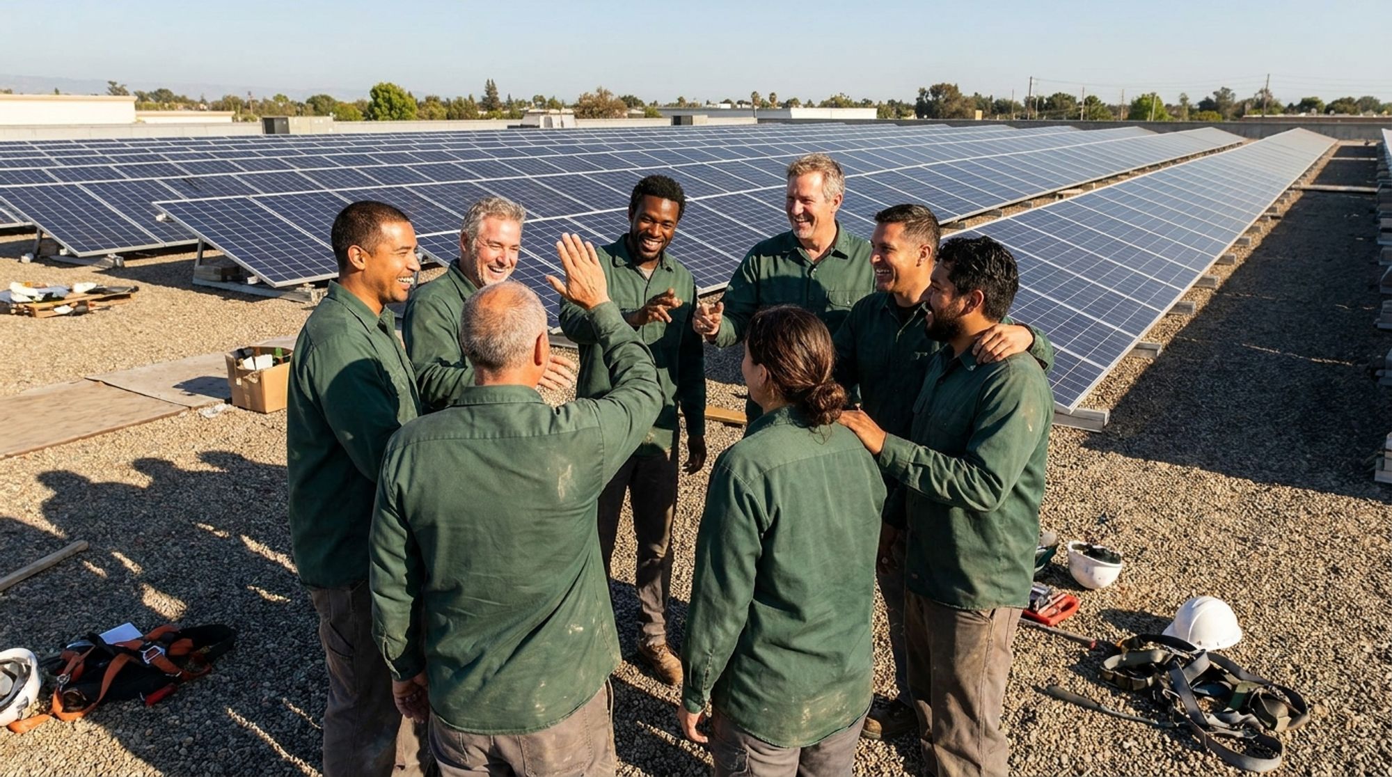 Solart installation team celebrating on a rooftop solar array