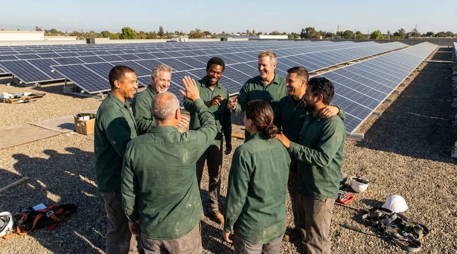 Solart installation team celebrating on a rooftop solar array