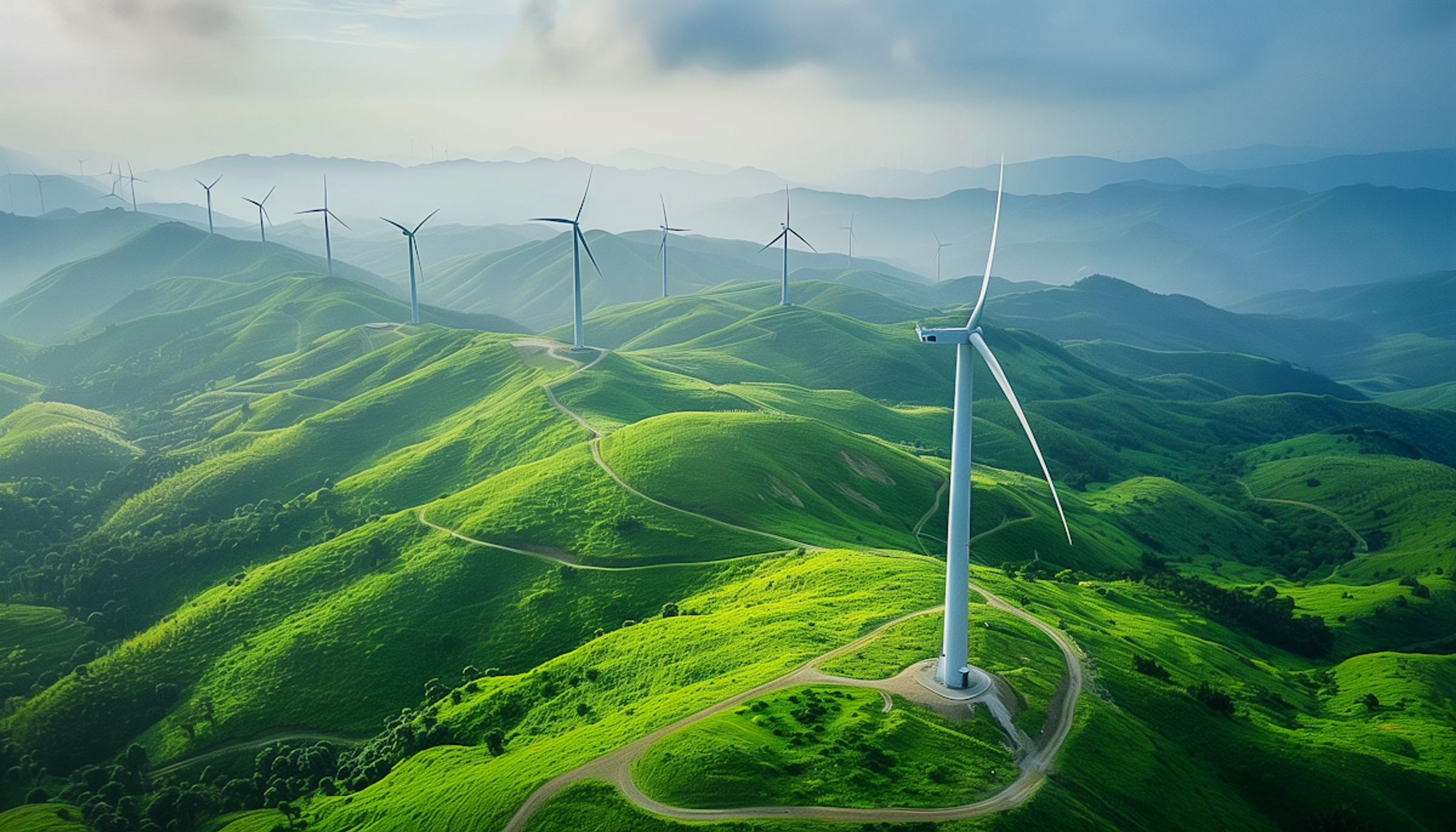 Wind turbines across rolling green hills at sunrise