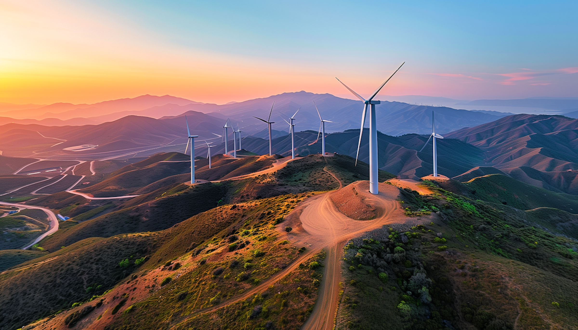 Wind turbines along mountain ridges at golden hour