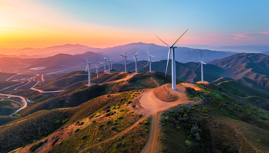Wind turbines along mountain ridges at golden hour