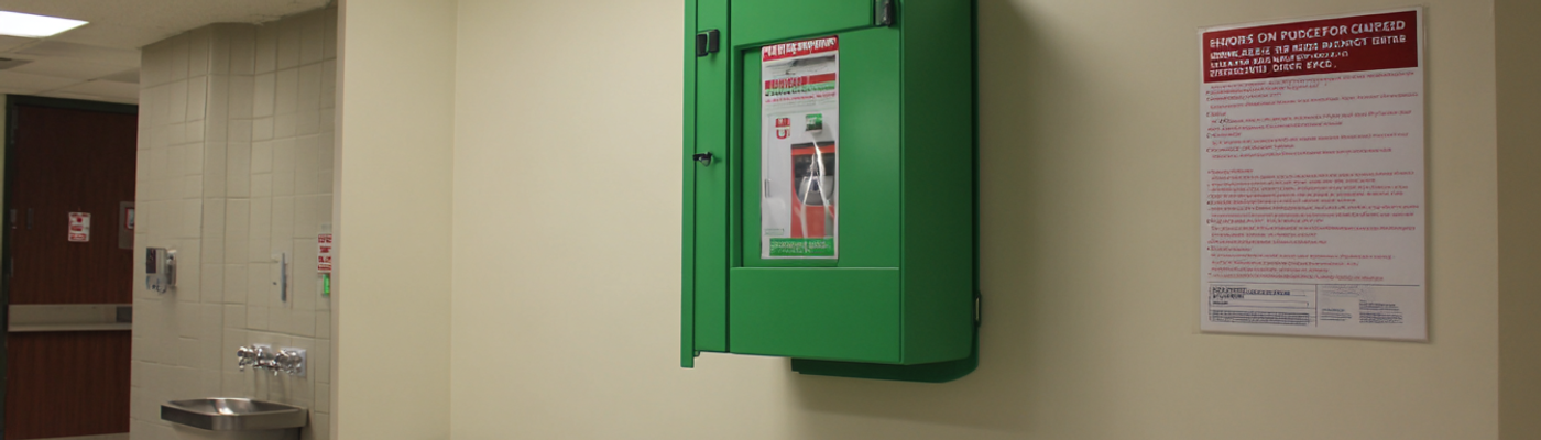 A first aid station and automated external defibrillator in a campus corridor.