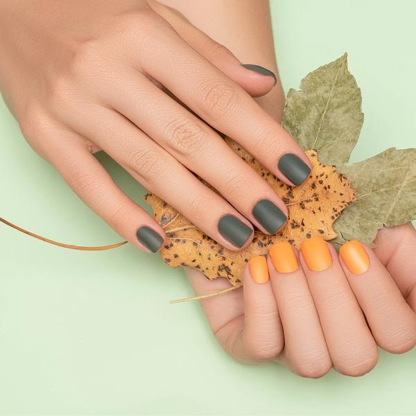 Hender som holder høstblader med gul shellac på venstre hånd og grønn på høyre hånd