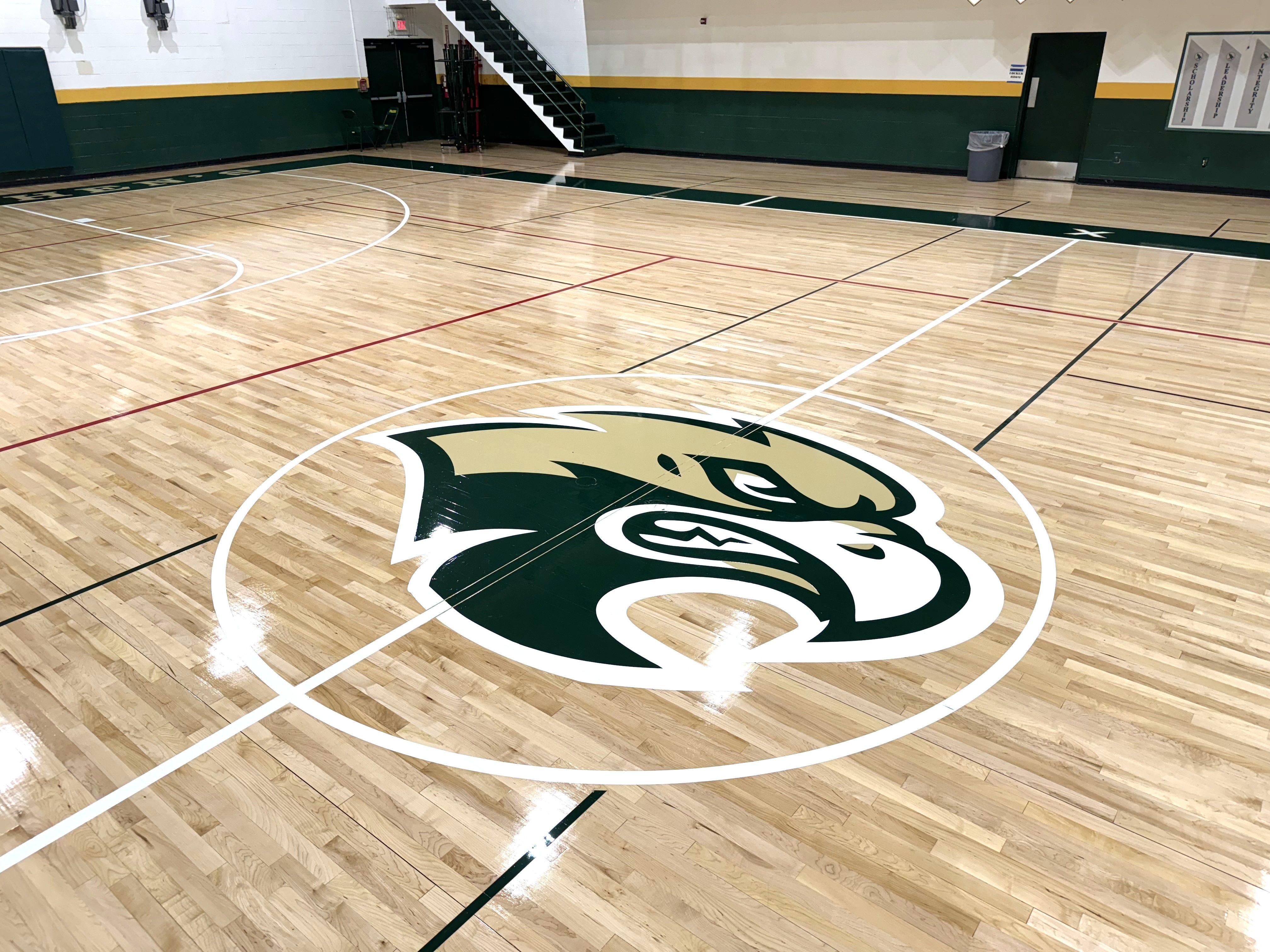 The Falcons logo at mid-court in the Hoagland Arena gymnasium