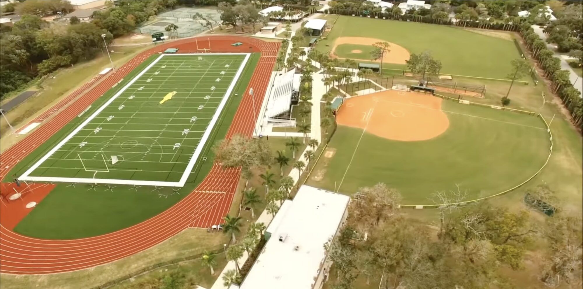 Aerial view of the Saint Stephen's athletic complex with baseball diamond and track.