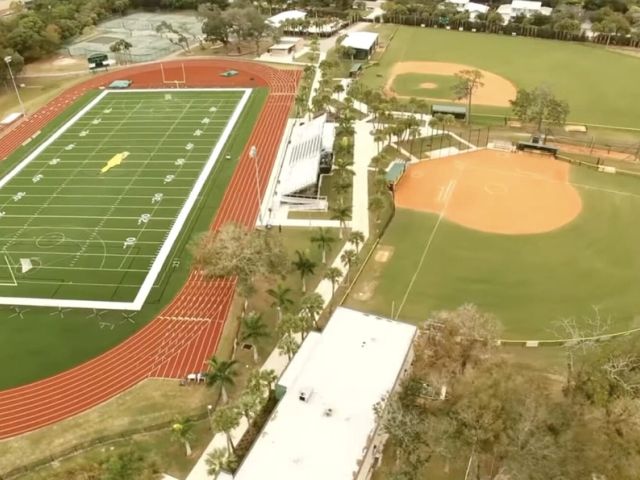 Aerial view of the Saint Stephen's athletic complex with baseball diamond and track.