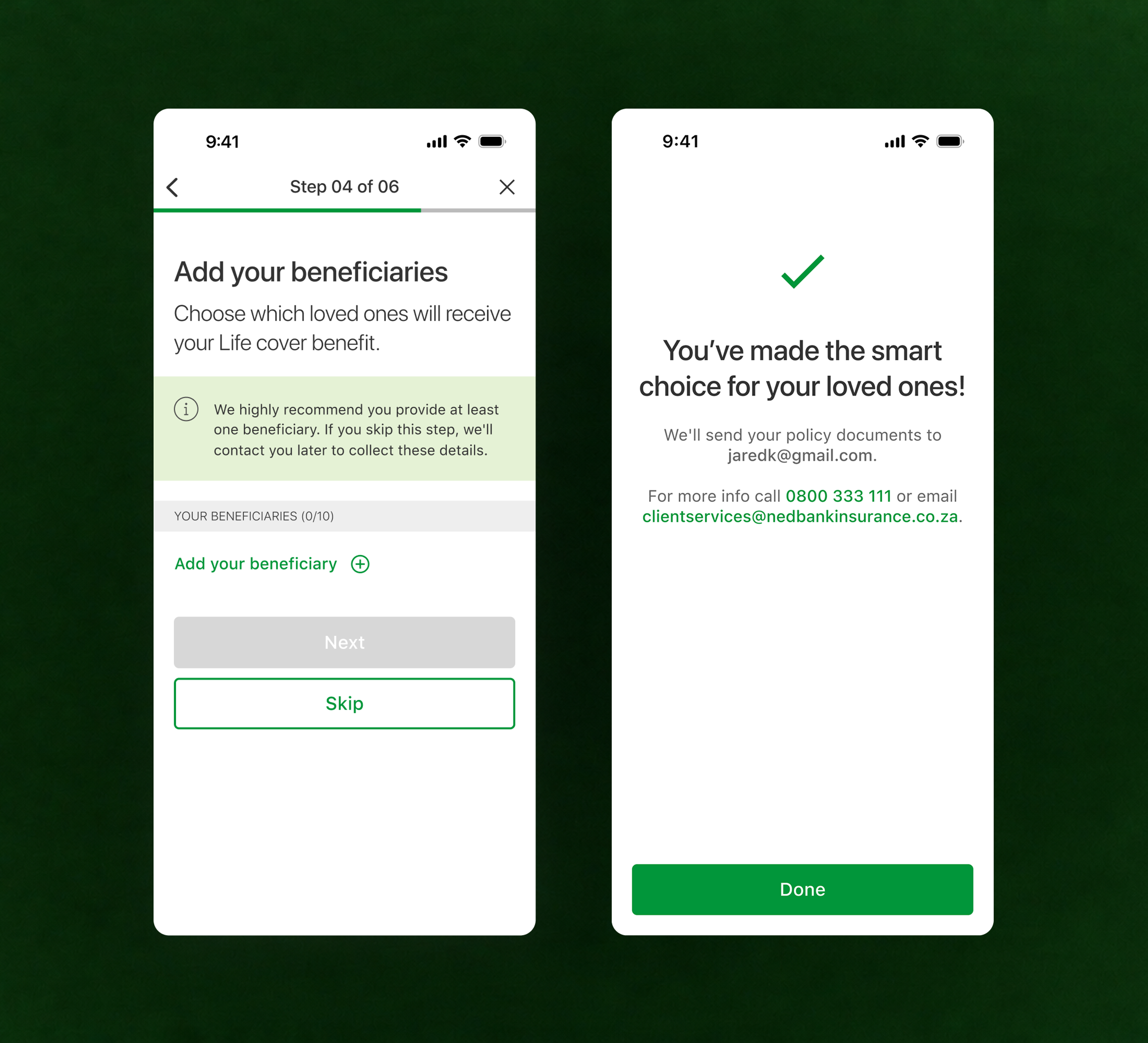 Two phone screens covering the beneficiaries step and the confirmation screen once the application is complete.