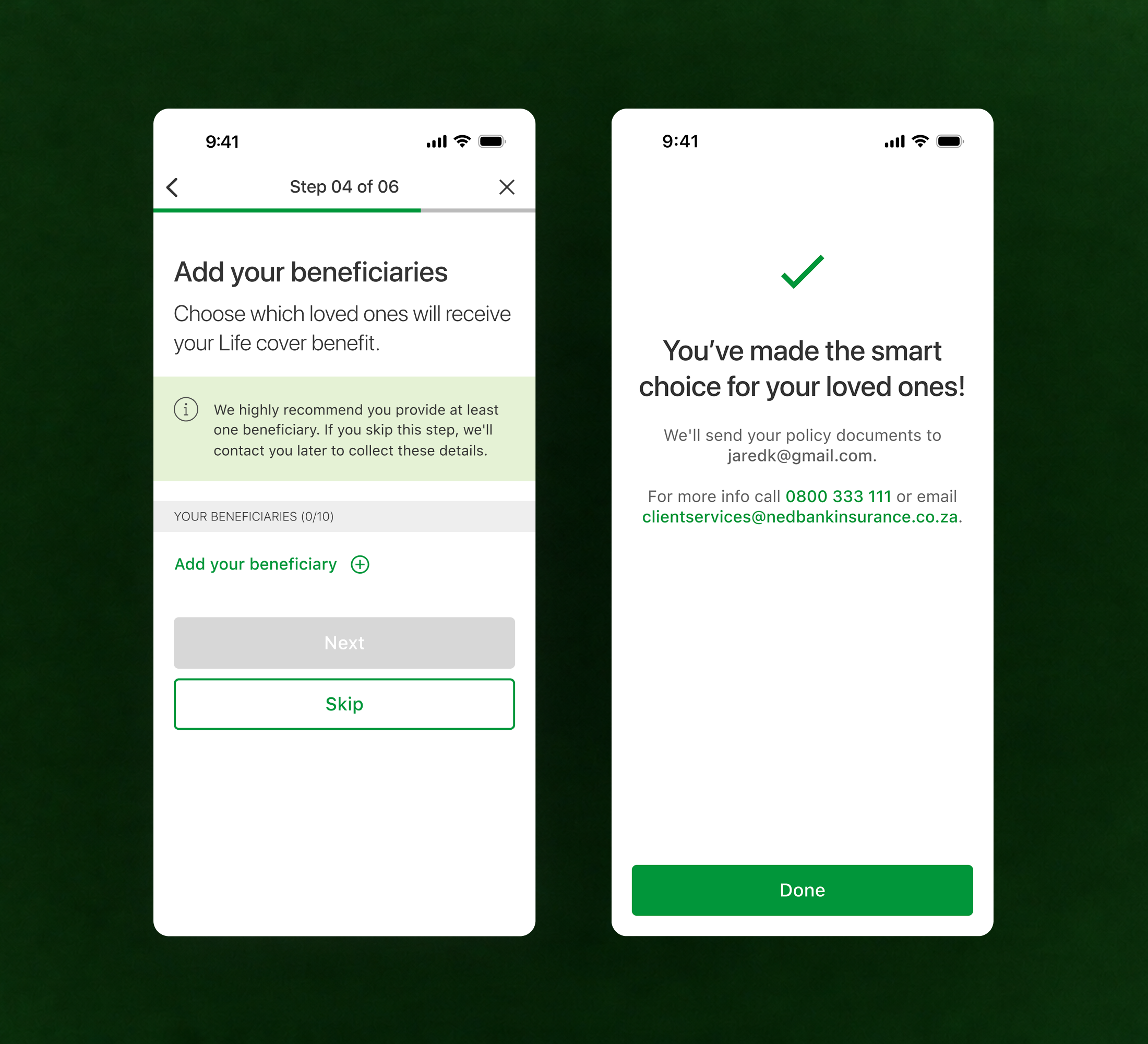 Two phone screens covering the beneficiaries step and the confirmation screen once the application is complete.