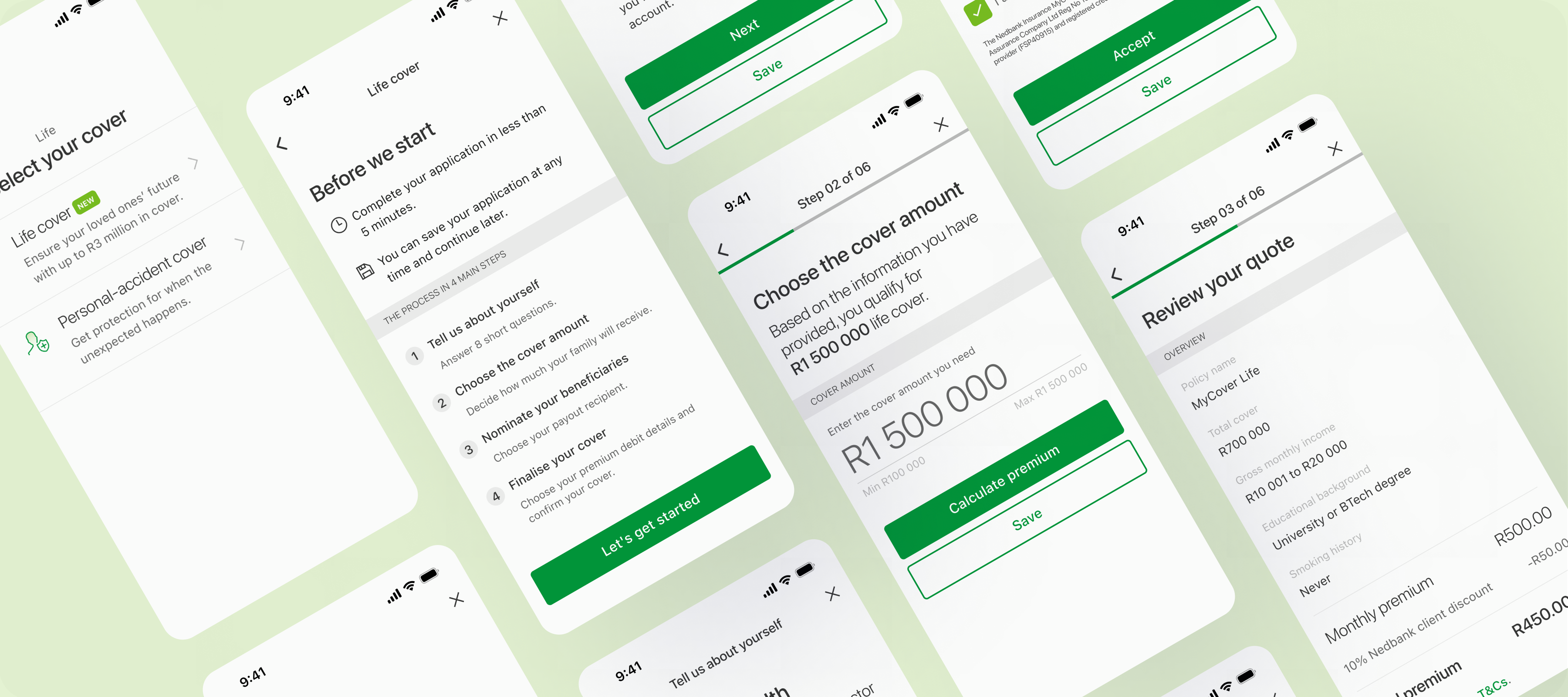 Screens from the Nedbank life cover application angled in a row, running from selecting cover through to the quote review.