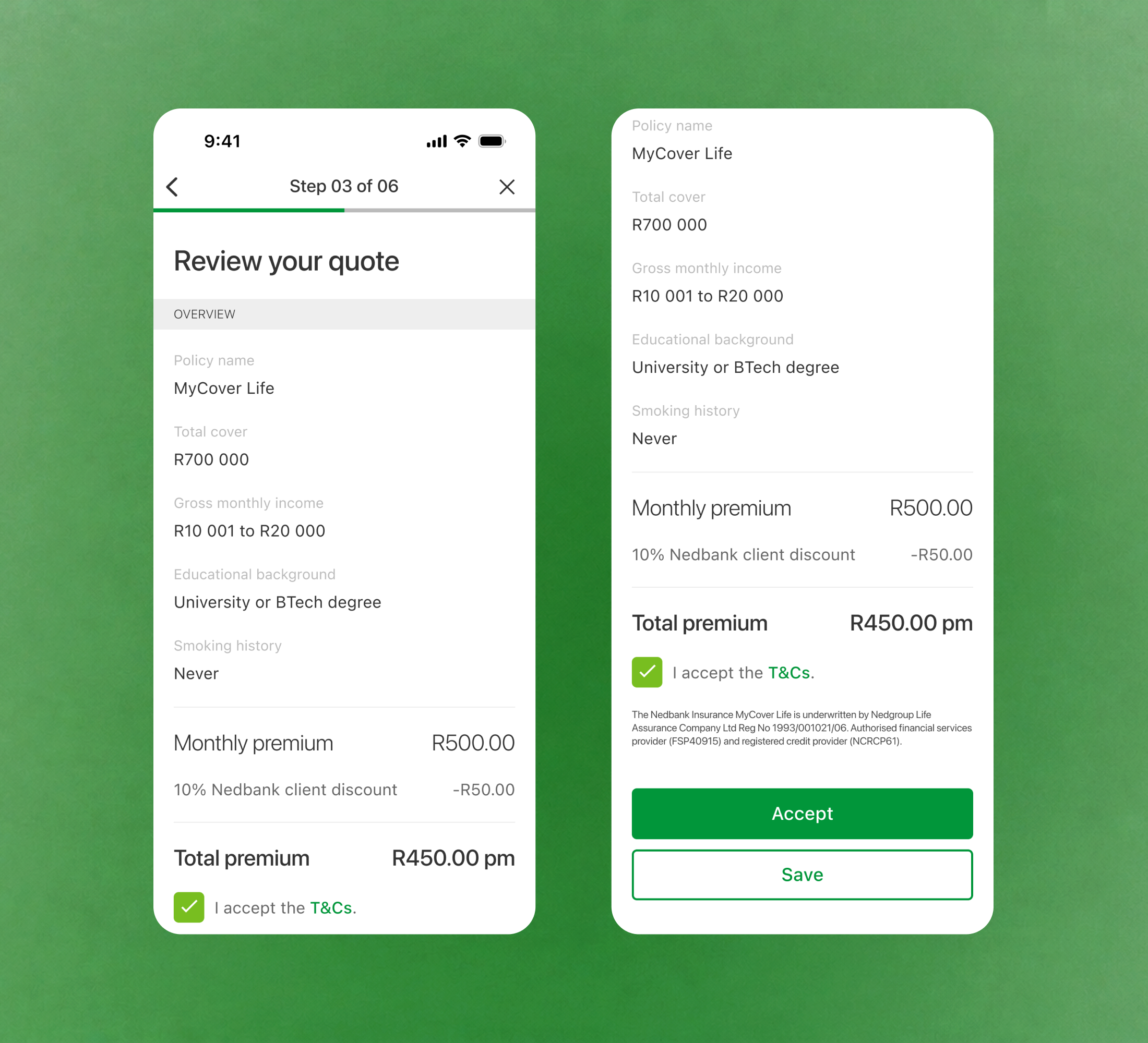 Two phone screens of the quote review, showing the MyCover Life policy summary, the monthly premium and the client discount.