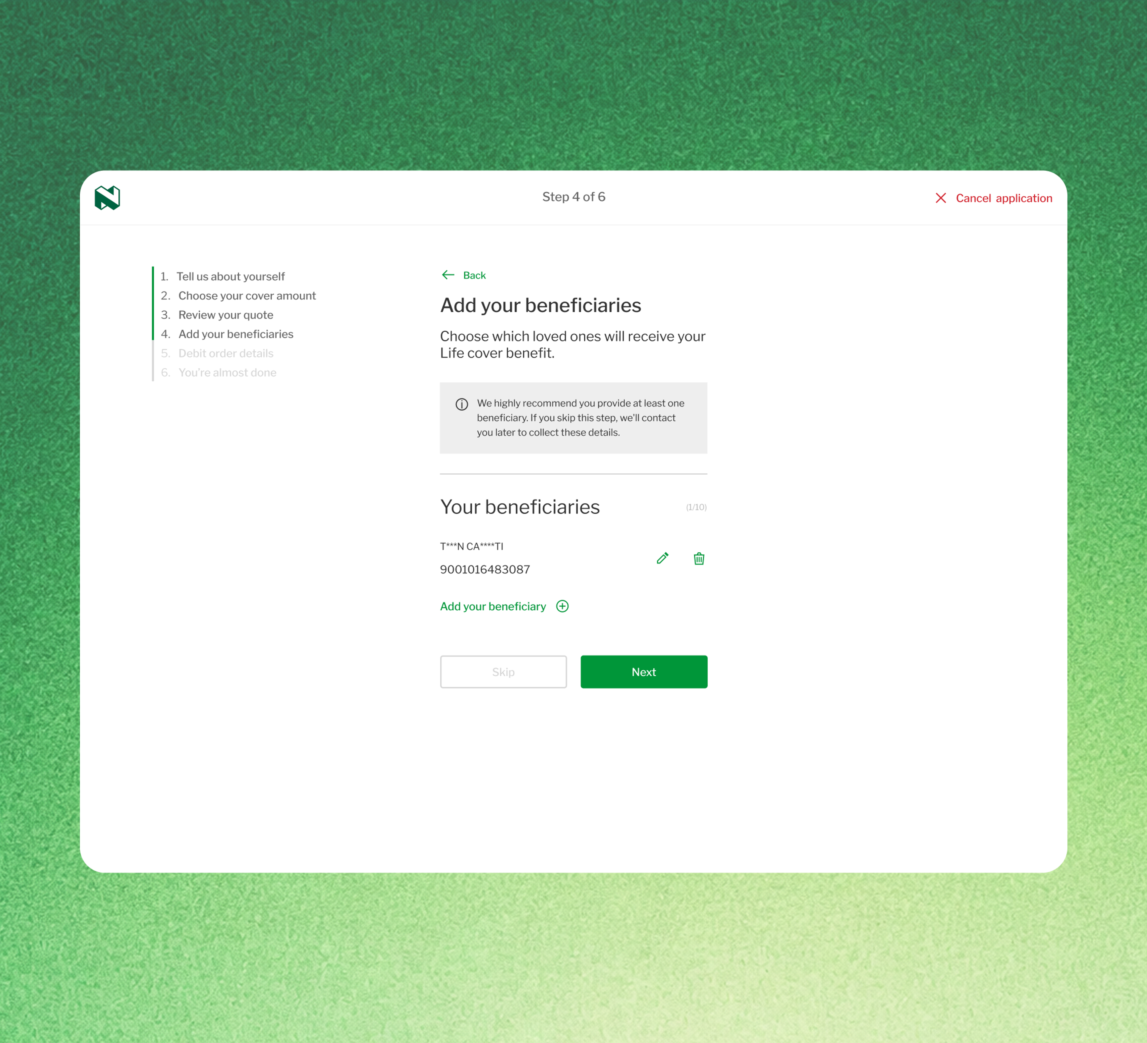 The desktop beneficiaries step, listing a named beneficiary with options to edit, add another, skip or continue.